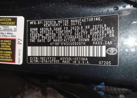 2012 Toyota Camry Se z USA, uszkodzony, nr VIN 4T1BF1FK5CU092074